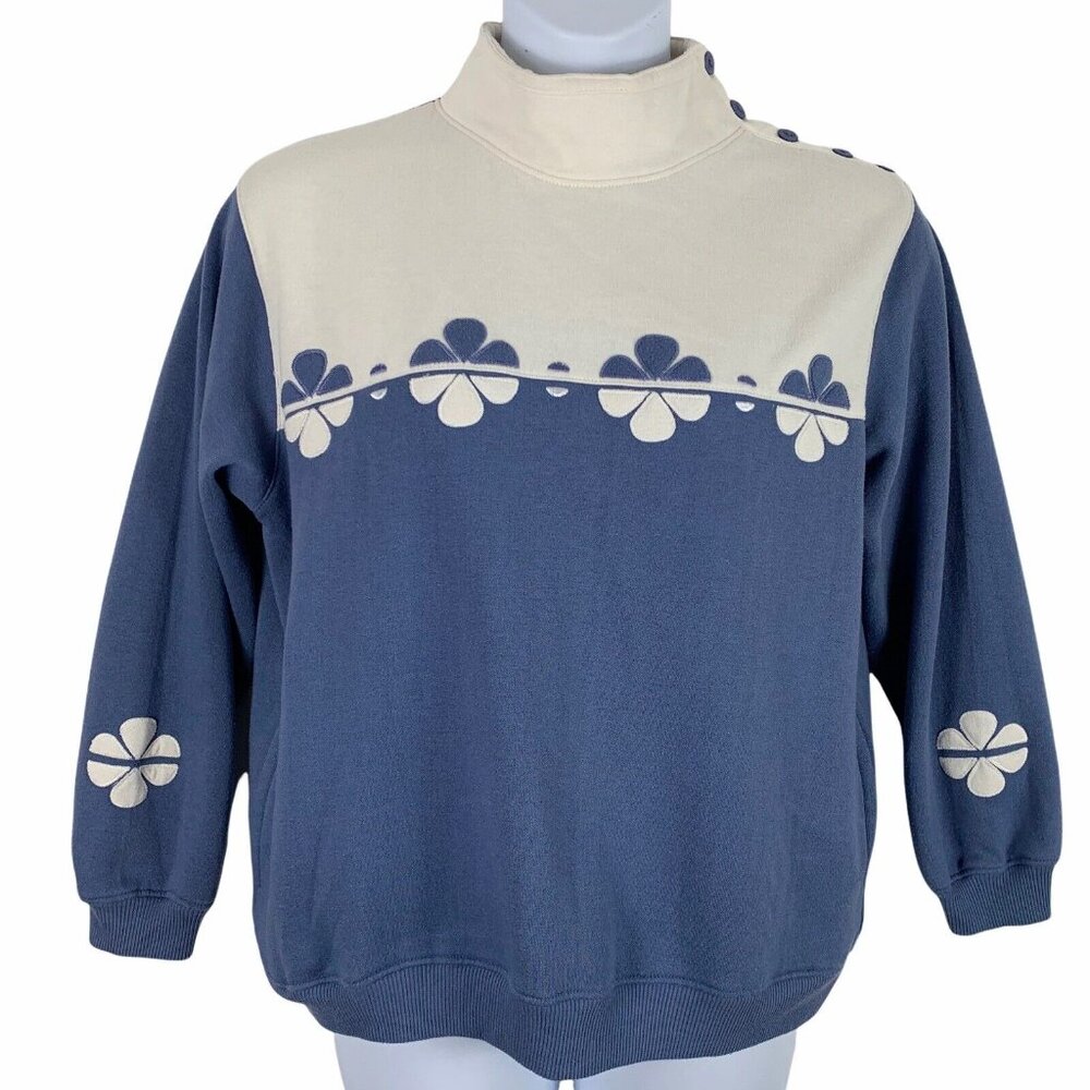 Vintage Sz Large Sweatshirt Katherine Bishop Mock Neck Floral Neutrals Pullover